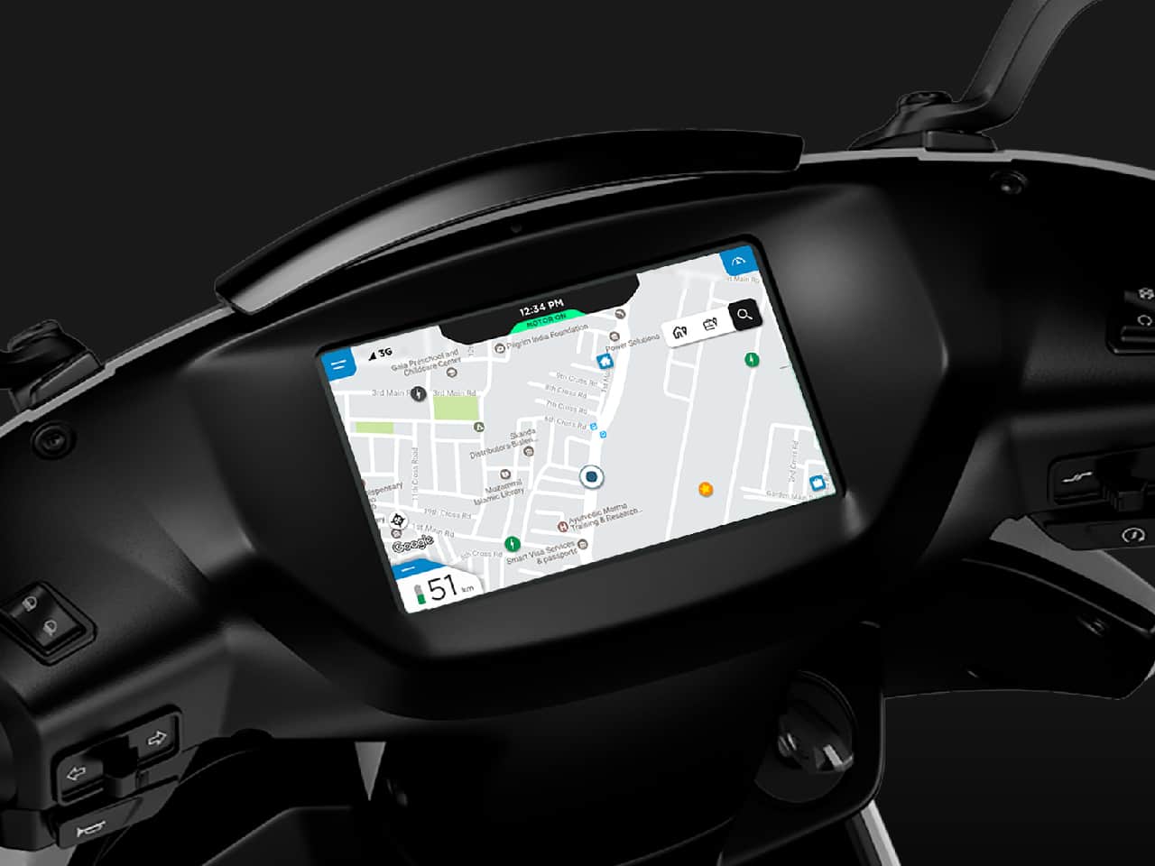 The navigation map display on Ather's scooter