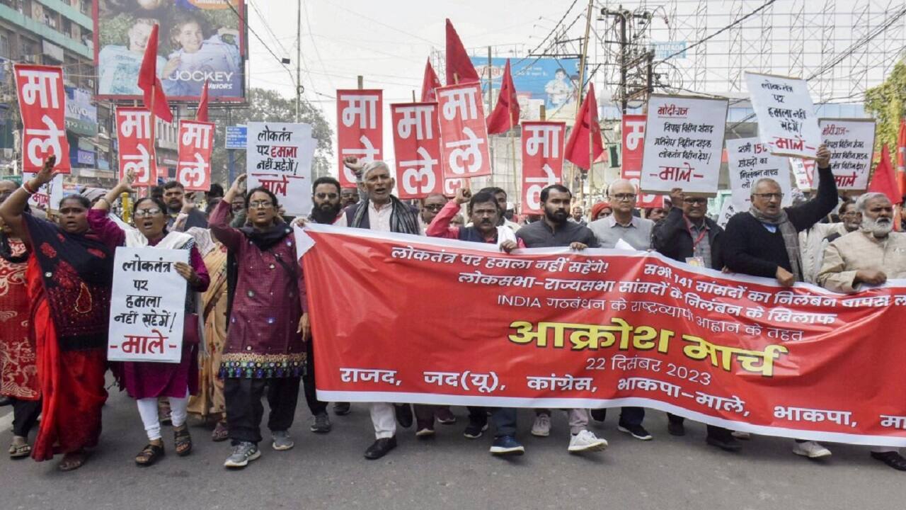 Take A Look At The INDIA Bloc Protests Against Suspension Of MPs From