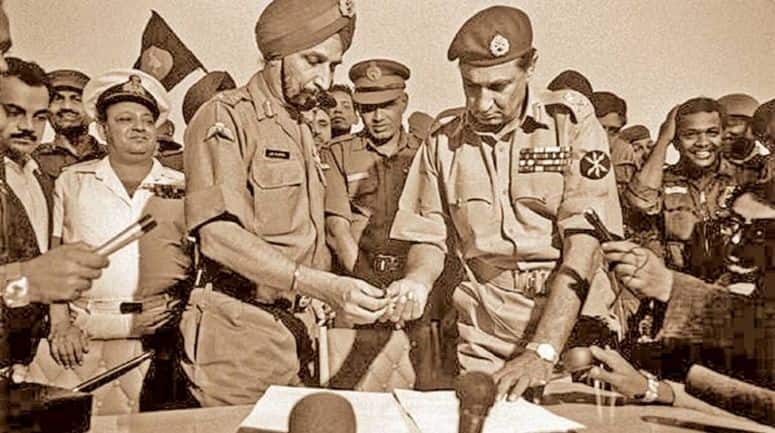 General Jagjit Singh Arora and General Niazi during the surrender at the Race Course in Dhaka (FILE PHOTO)