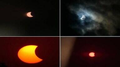 भारत में जम्मू-कश्मीर से लेकर कन्याकुमारी तक सूर्य ग्रहण नजर आया। मंगलवार को सूर्यास्त के पहले जम्मू, चंडीगढ़, पंजाब और लखनऊ समेत देश के विभिन्न इलाकों में सूर्यग्रहण का खूबसूरत नजारा देखने को मिला।