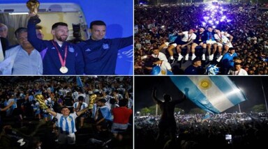FIFA World Cup 2022: अर्जेंटीना की राजधानी ब्यूनस आयरस (Buenos Aires) की सड़कों पर हजारों लोगों का सैलाब देखा गया। एयरपोर्ट से ही खुली बस में टीम का विजय जुलूस निकला गया।