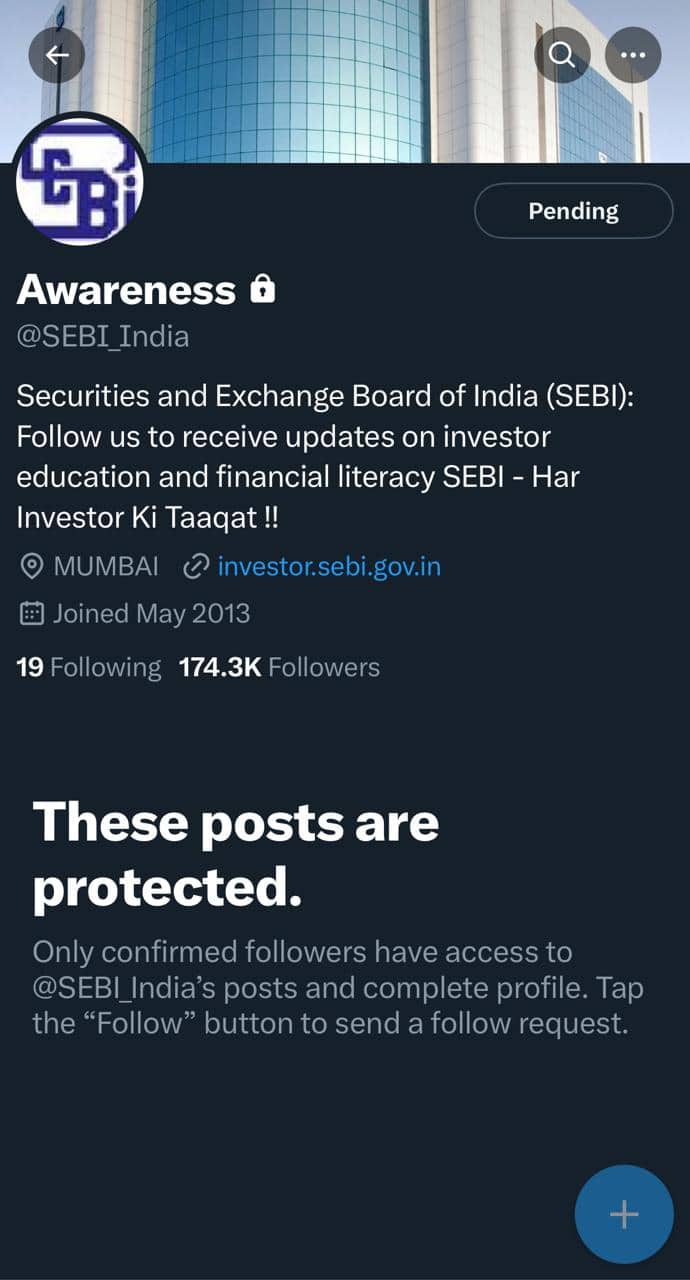 SEBI के X अकाउंट पर अब कुछ इस तरह का मैसेज दिख रहा है