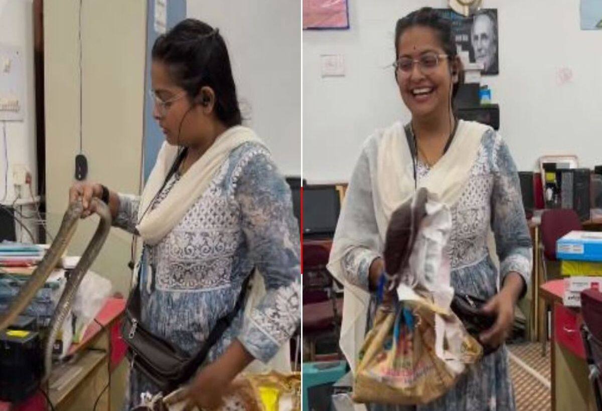 Video: ऑफिस में कंप्यूटर के पास पहुंचा सांप, महिला ने देखा, फौरन पकड़ा और बैग में भरकर चल दी