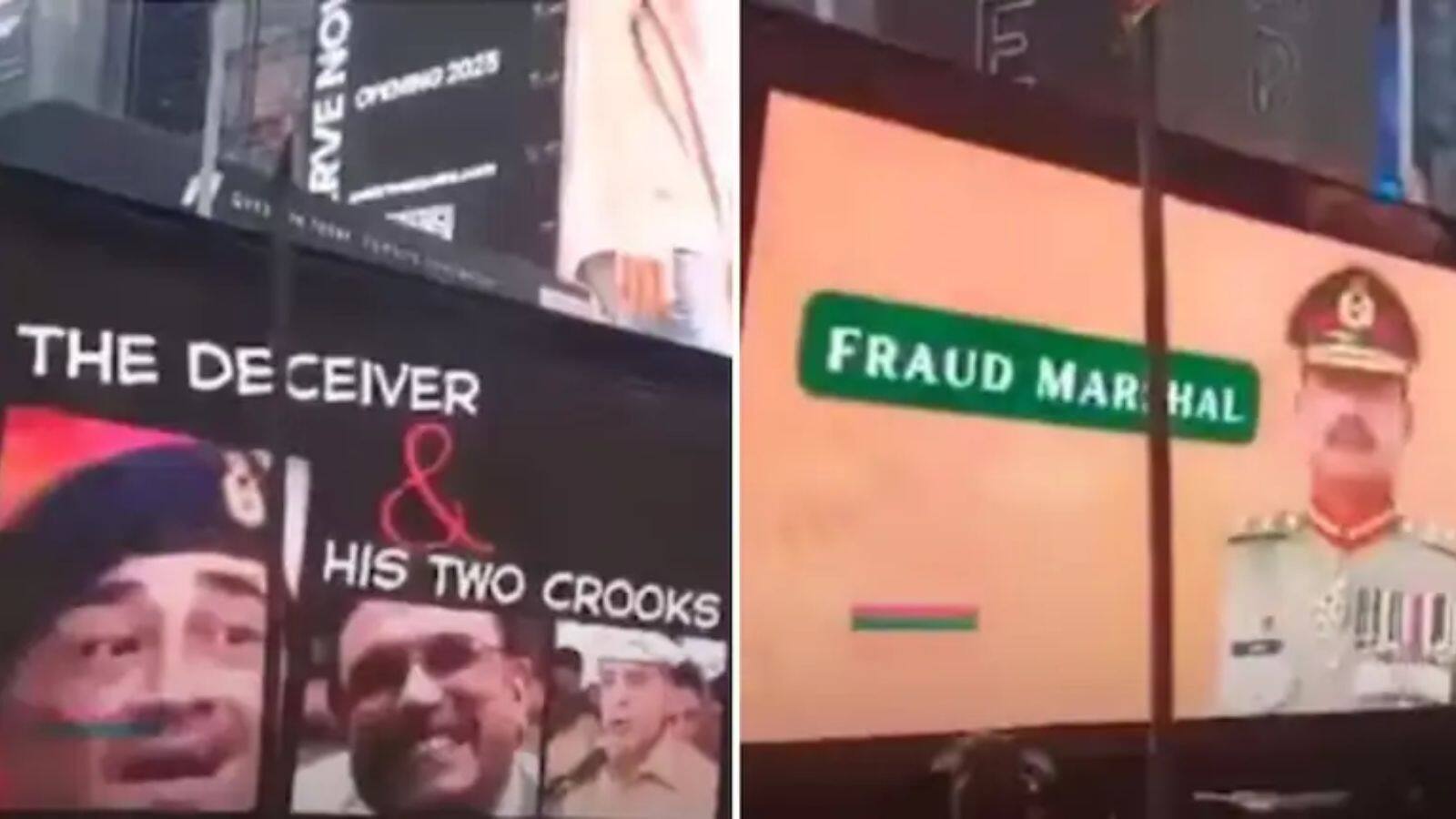 'फ्रॉड मार्शल और उसके बदमाश' न्यूयॉर्क के टाइम्स स्क्वायर पर लगे पाकिस्तानी जनरल असीम मुनीर और PM शहबाज शरीफ के बिलबोर्ड