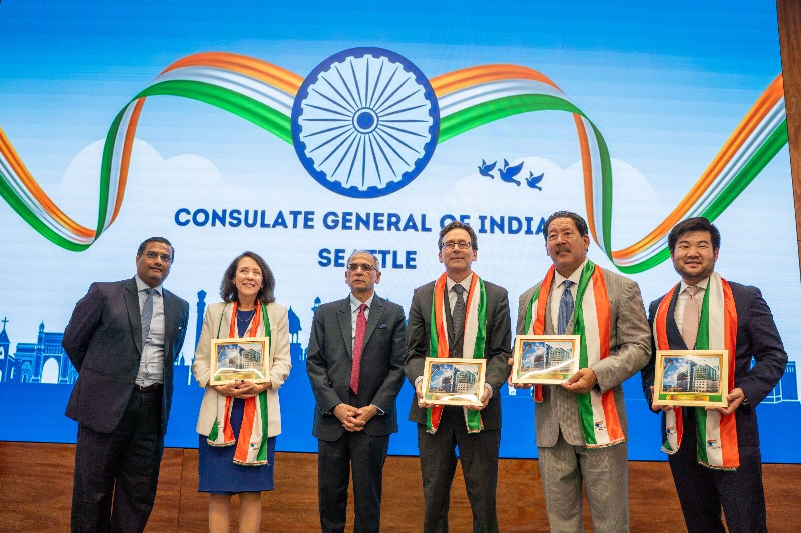 India's Ambassador to the US Vinay Quatra honored the special guests at the formal opening ceremony of the new Chancery Bhawan of the Indian Consulate in Seattle.
