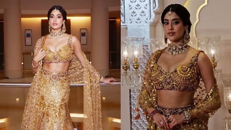  गोल्डन लहंगा गोल्डन लहंगा में उनका ट्रेडिशनल स्टाइल बेहद एलीगेंट और रॉयल लगा, जिसे किसी भी शादी के फेस्टिव में ब्राइड्स रीक्रिएट कर सकती हैं।