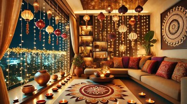 कलरफुल पीकॉक वुलेन बैकड्रॉप  
दिवाली सेलिब्रेशन के लिए दीवार को फोटोजेनिक लुक दें! कलरफुल वुलेन से बना पीकॉक थीम बैकड्रॉप न सिर्फ ट्रेंडी दिखता है, बल्कि इसमें मोर और कमल के सुंदर डिजाइन के साथ बेल्स भी शामिल हैं। इसे एंट्री, हॉल या अपने पसंदीदा कोने पर लगाकर घर को नई पहचान दें।

