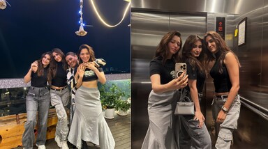 तमन्ना, प्रज्ञा और राशा ने ट्रेडिशनल ब्लैक टॉप के साथ ग्रे पैंट्स पहनकर एक साथ जबरदस्त और सिंपल फैशन दिखाया, जो बेहद मशहूर हुआ।  
