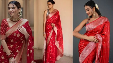 क्लासिक लाल बनारसी साड़ी  
करवा चौथ के लिए लाल रंग हमेशा से ही टॉप चॉइस रहा है। बनारसी silk साड़ी अपने भारी जरी वर्क और पारंपरिक डिजाइनों से खास होती है। इसे गोल्ड ज्वेलरी के साथ पहनें तो लुक बेहद राजसी नजर आता है। यह साड़ी करवा चौथ की शाही और पारंपरिक थाती को टिकाऊ बनाती है।