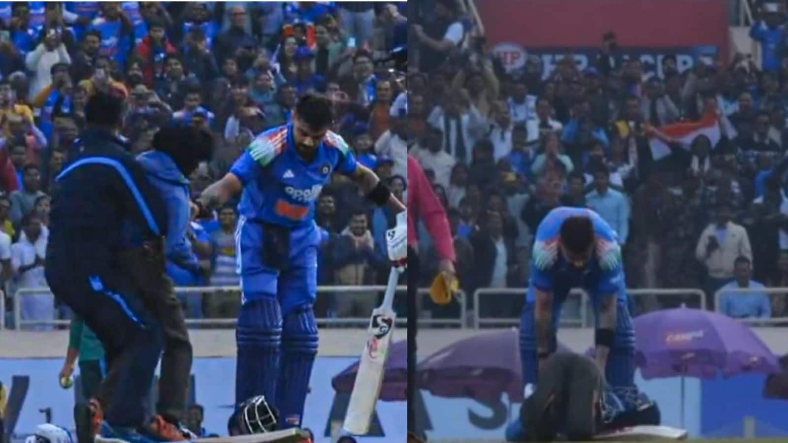 Video: कोहली के शतक लगाते ही सुरक्षा घेरा तोड़ मैदान पर घुसा सुपरफैन, विराट के छुए पैर; वीडियो वायरल Video: कोहली के शतक लगाते ही सुरक्षा घेरा तोड़ मैदान पर घुसा सुपरफैन, विराट के छुए पैर; वीडियो वायरल