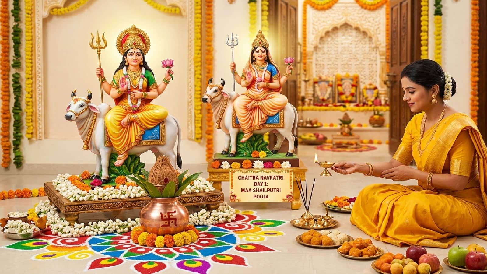 Chaitra Navratri 2026 first day: आज चैत्र नवरात्रि का पहला मां शैलपुत्री को है समर्पित, जानें पूजा का मुहूर्त, विधि, कथा और भोग