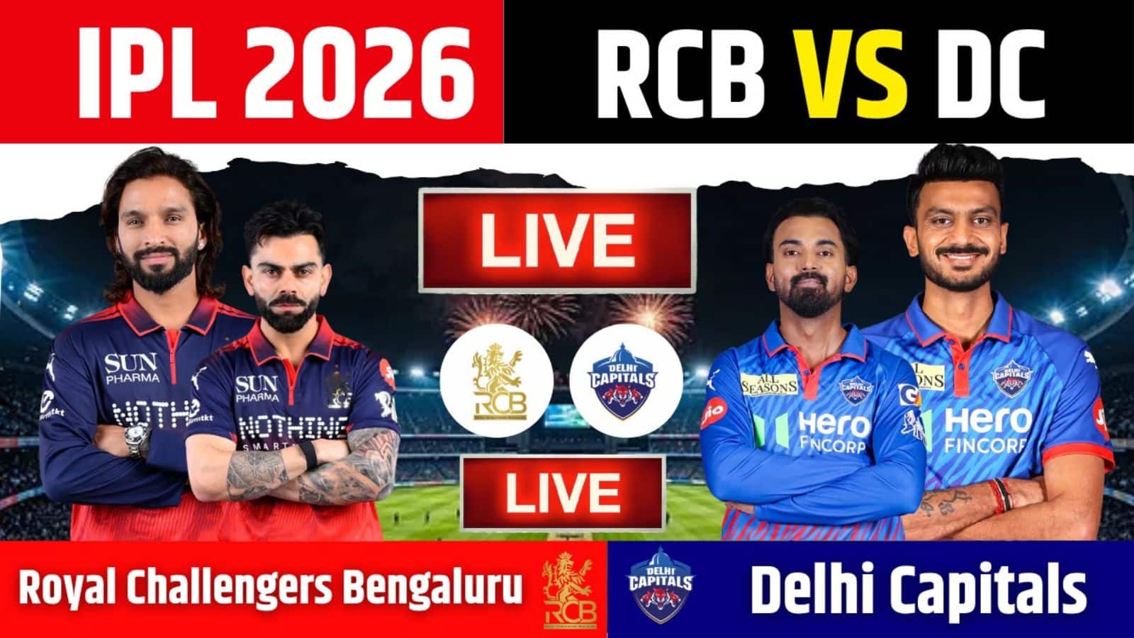 RCB vs DC IPL 2026 Match Live Score: दिल्ली की शानदार गेंदबाजी, आरसीबी ने दिल्ली को दिया 176 रन का टारगेट