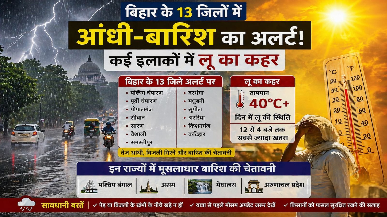 IMD Weather Forecast: बिहार के 13 जिलों में आंधी-बारिश का अलर्ट! कई इलाकों में लू का जारी रहेगा कहर, इन राज्यों में मूसलाधार बारिश की चेतावनी