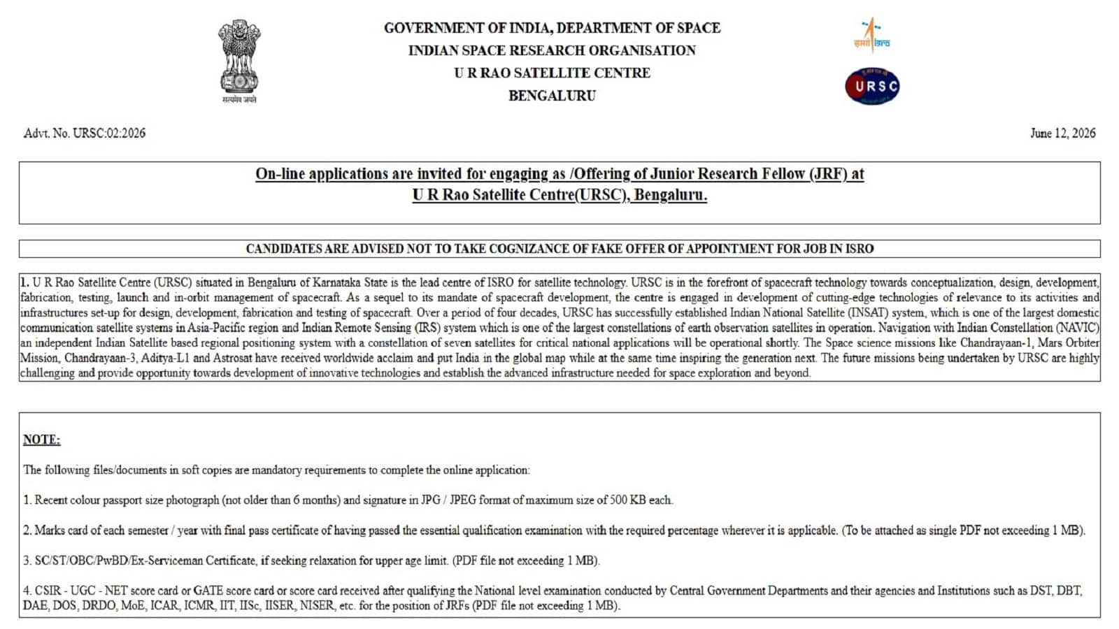 ISRO URSC JRF Vacancy 2026: बेंगलुरु के यूआर राव सैटेलाइट सेंटर में जेआरएफ की भर्ती, जानें कितने पदों पर होनी है नियुक्ति और क्या है लास्ट डेट ISRO URSC JRF Vacancy 2026: बेंगलुरु के यूआर राव सैटेलाइट सेंटर में जेआरएफ की भर्ती, जानें कितने पदों पर होनी है नियुक्ति और क्या है लास्ट डेट