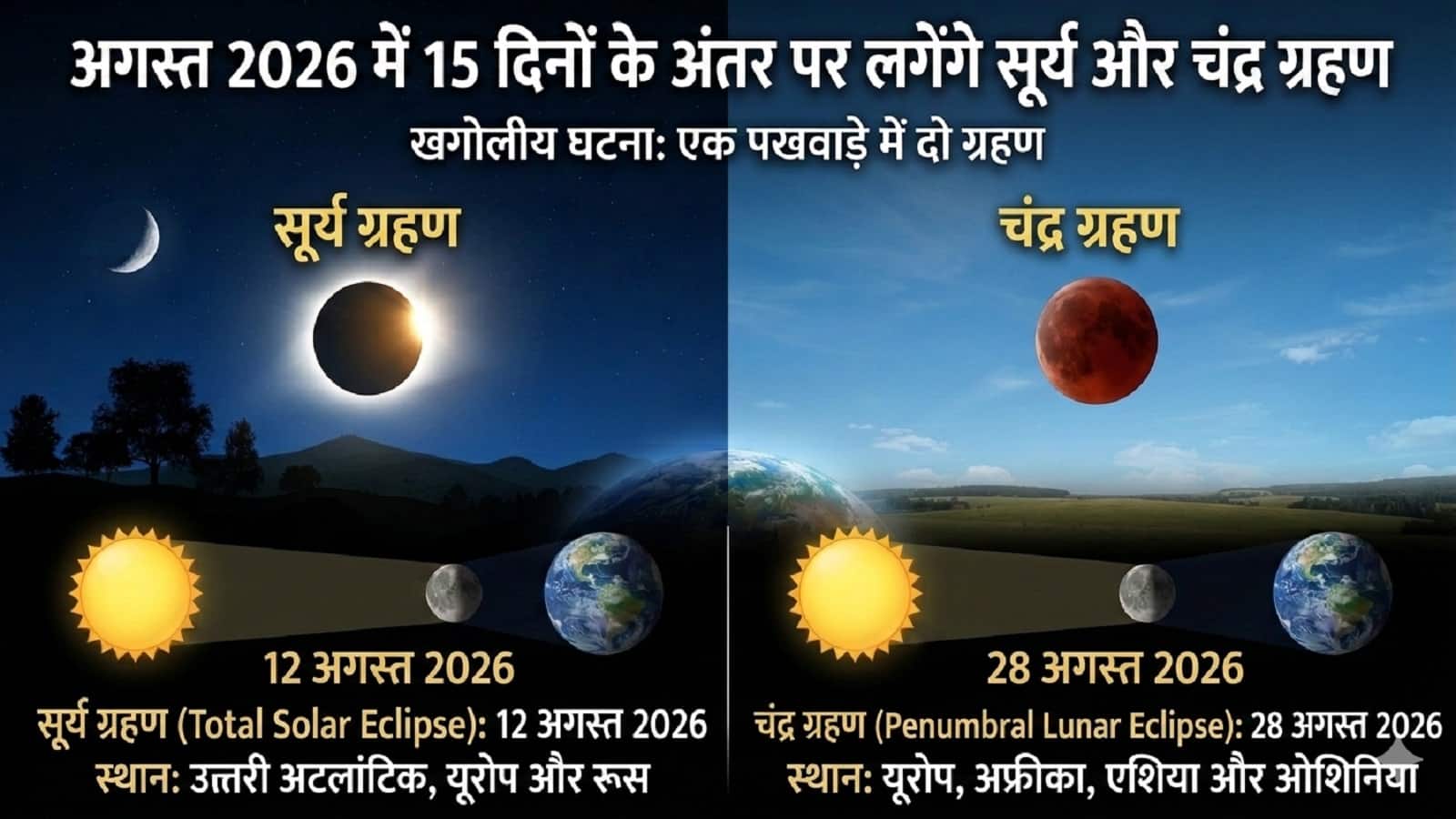 अगस्त 2026: 15 दिन में सूर्य और चंद्र ग्रहण, भारत में दिखेगा या नहीं?