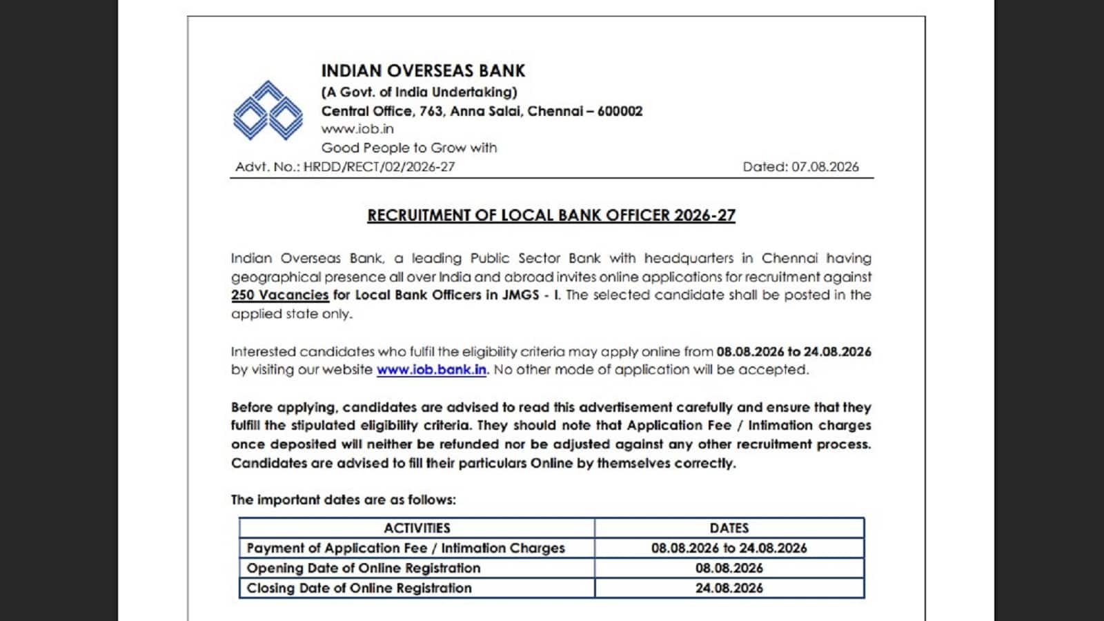 Indian Overseas Bank Recruitment 2026: आईओबी 250 लोकल बैंक ऑफिसरों की भर्ती, जानें कब से कब तक कर सकेंगे आवेदन Indian Overseas Bank Recruitment 2026: आईओबी 250 लोकल बैंक ऑफिसरों की भर्ती, जानें कब से कब तक कर सकेंगे आवेदन