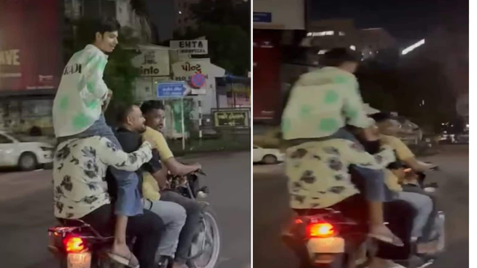 चलती बाइक पर कंधे के ऊपर बैठा युवक, नीचे 3 सवार… कैमरे में कैद हुआ पूरा नजारा चलती बाइक पर कंधे के ऊपर बैठा युवक, नीचे 3 सवार… कैमरे में कैद हुआ पूरा नजारा