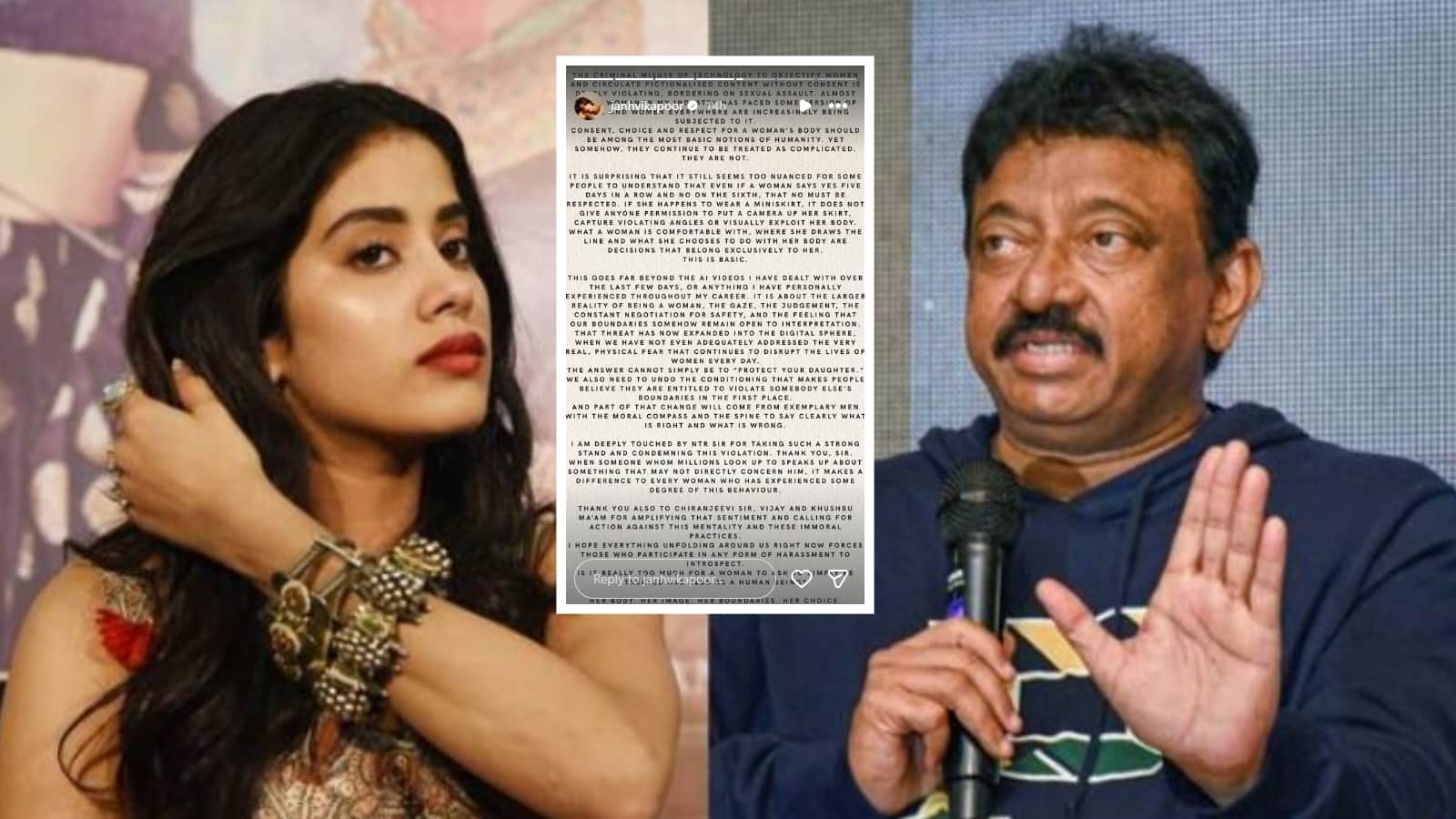 Janhvi Kapoor AI Morphed Clip: जाह्नवी कपूर ने साउथ स्टार्स का जताया आभार, तो जानें वीडियो विवाद पर पोस्ट करने वालों पर क्यों भड़के रामगोपाल वर्मा Janhvi Kapoor AI Morphed Clip: जाह्नवी कपूर ने साउथ स्टार्स का जताया आभार, तो जानें वीडियो विवाद पर पोस्ट करने वालों पर क्यों भड़के रामगोपाल वर्मा