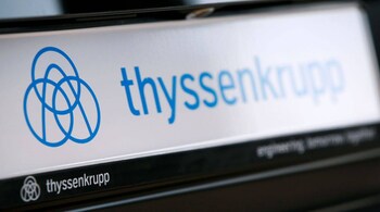 The logo of German steel-to-elevators group ThyssenKrupp AG is pictured during the company's annual news conference in Essen