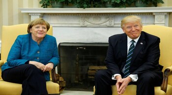 U.S. President Donald Trump meets with Germany's Chancellor Angela Merkel in the Oval Office at the White House in Washington, U.S. March 17, 2017. REUTERS/Jonathan Ernst     TPX IMAGES OF THE DAY - RTX31I61