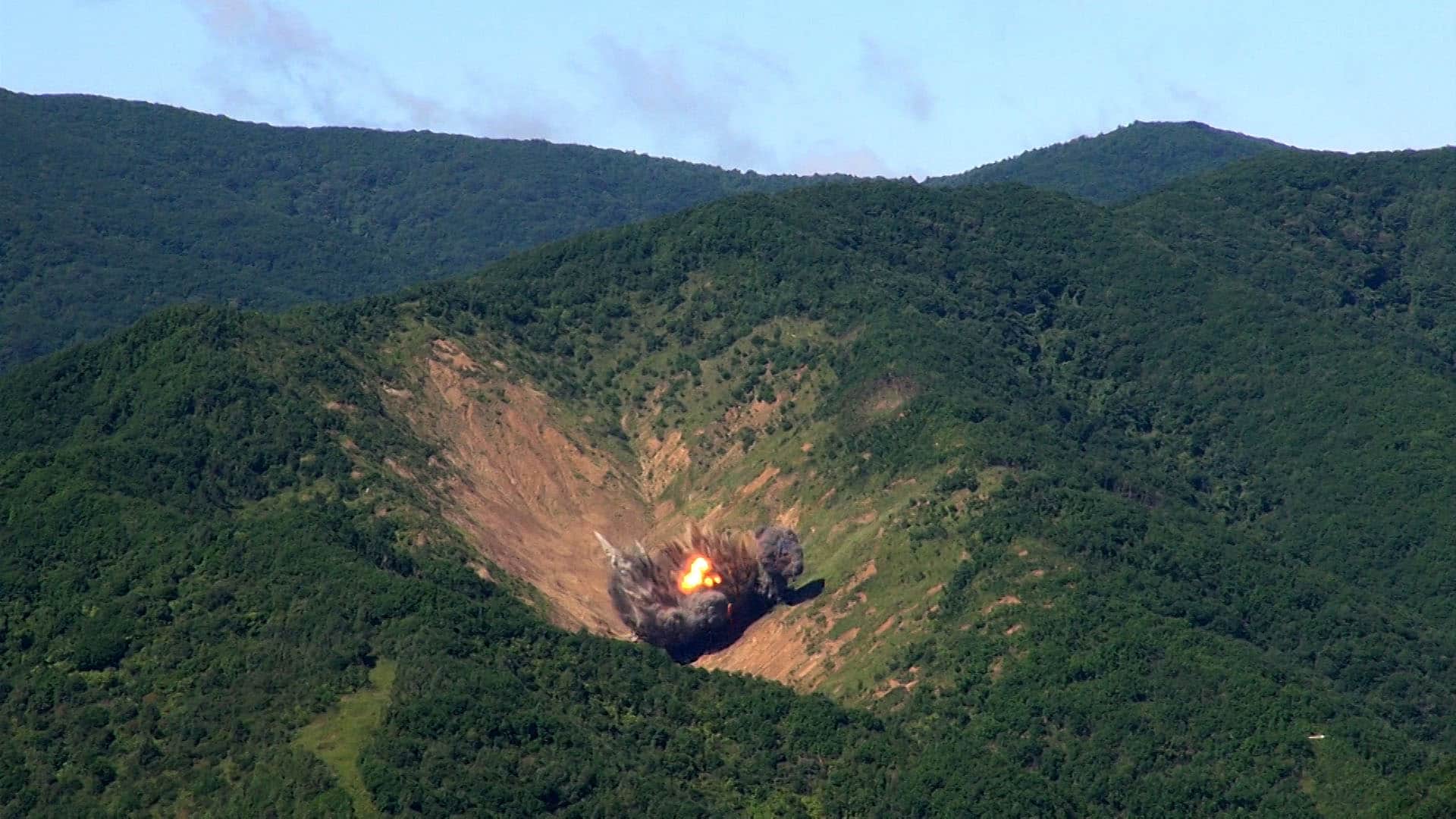GANGWON-DO, SOUTH KOREA - AUGUST 29: In this handout image provide by South Korean Defense Ministry, A bomb hits a mock target at the Pilseung Firing Range on August 29, 2017 in Gangwon-do, South Korea. The ballistic missile launched by North Korea flew over Northern Japan and fell into the Pacific Ocean. (Photo by South Korean Defense Ministry via Getty Images)