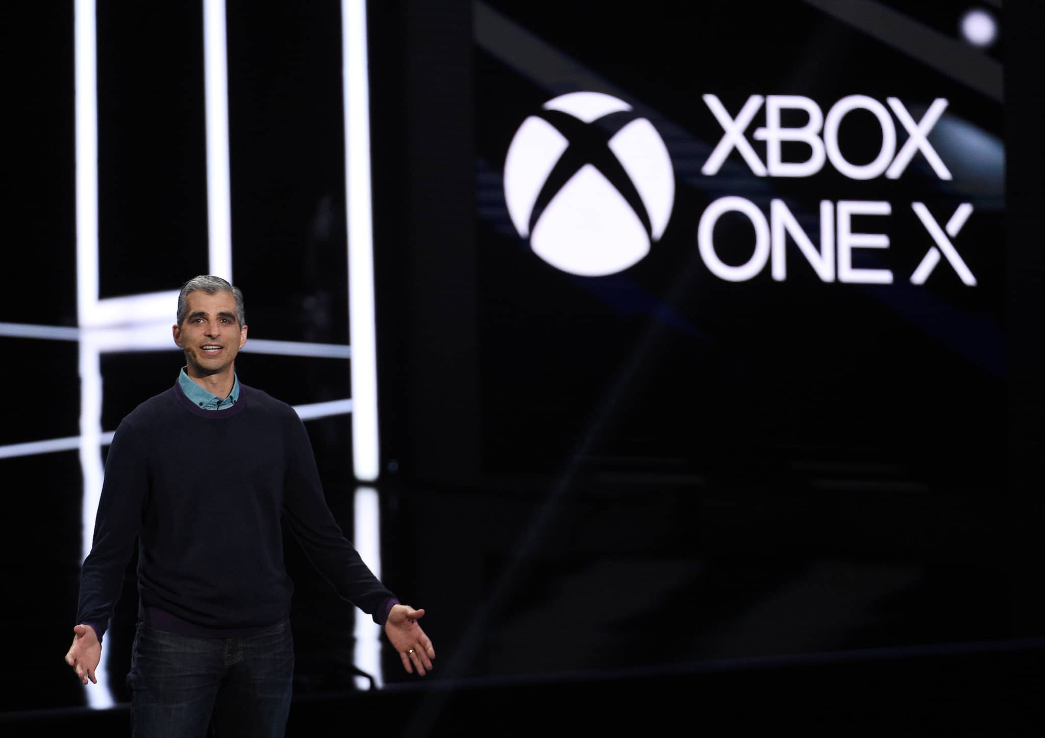 Kareem Choudhry, Xbox Vice President, introduces the Xbox One X gaming console during the Xbox E3 2017 media briefing in Los Angeles, California, U.S., June 11, 2017. REUTERS/Kevork Djansezian - RTS16MDI