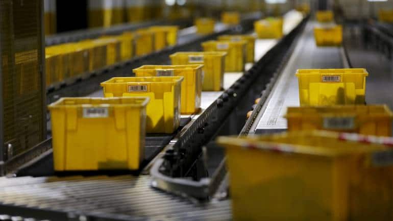 Products are moved on a conveyor system at an Amazon Fulfilment Center