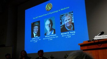 The names of Jeffrey C. Hall, Michael Rosbash and Michael W. Young are displayed during a news conference to announce the winner of the Nobel Prize in Physiology or Medicine 2017, in Stockholm, Sweden October 2, 2017. TT News Agency/Jonas Ekstromer via REUTERS ATTENTION EDITORS - THIS IMAGE WAS PROVIDED BY A THIRD PARTY. SWEDEN OUT. NO COMMERCIAL OR EDITORIAL SALES IN SWEDEN - RC136F185C20