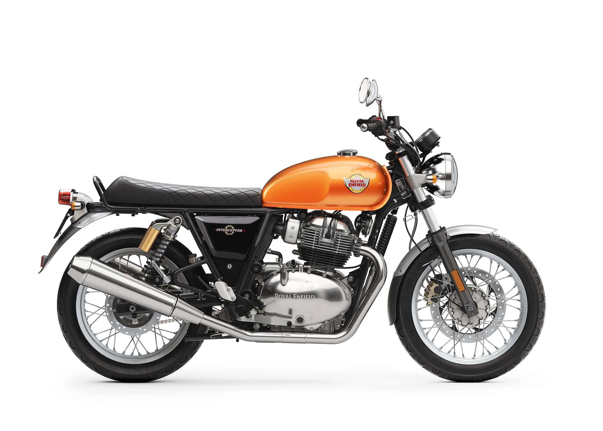 Royal Enfield Interceptor INT 650 The Interceptor is a roadster having an all-new, dedicated steel-tube cradle chassis. It has 18-inch front and rear Pirelli tyres and twin shock absorbers, along with front and rear disc brakes with ABS