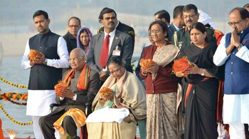President Ram Nath Kovind along his wife Savita Kovind, Uttar Pradesh Tourism Minister Rita Bahuguna Joshi, visit Triveni Sangam at Allahabad. (PTI)