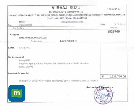 A copy of the receipt of the payment towards Viiraaj Isuzu. Source: Shrivardhan Tapaswi/Moneycontrol 