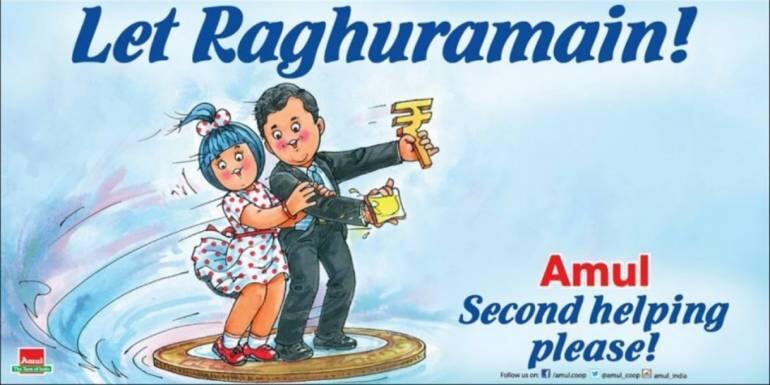 Answer 13: Amul asking for Raghram Rajan to remain as RBI Governor.