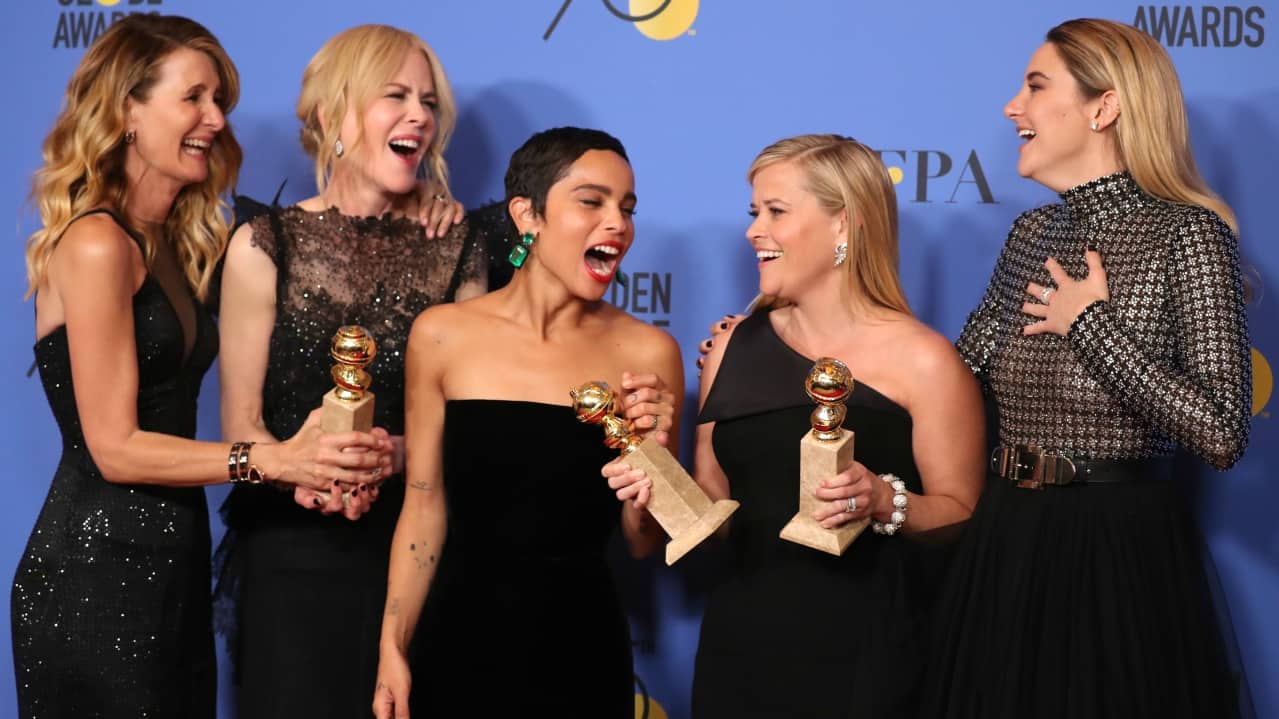 Laura Dern, Nicole Kidman, Zoe Kravitz, Reese Witherspoon and Shailene Woodley pose backstage after winning the award for Best Television Limited Series or Motion Picture Made for Television for Big Little Lies (Source: Reuters)