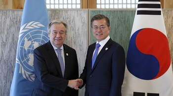 South Korean President Moon Jae-in, left, shakes hands with United Nations Secretary-General Antonio Guterres during their meeting in Gangneung, South Korea, Friday, Feb. 9, 2018. (AP/PTI)
