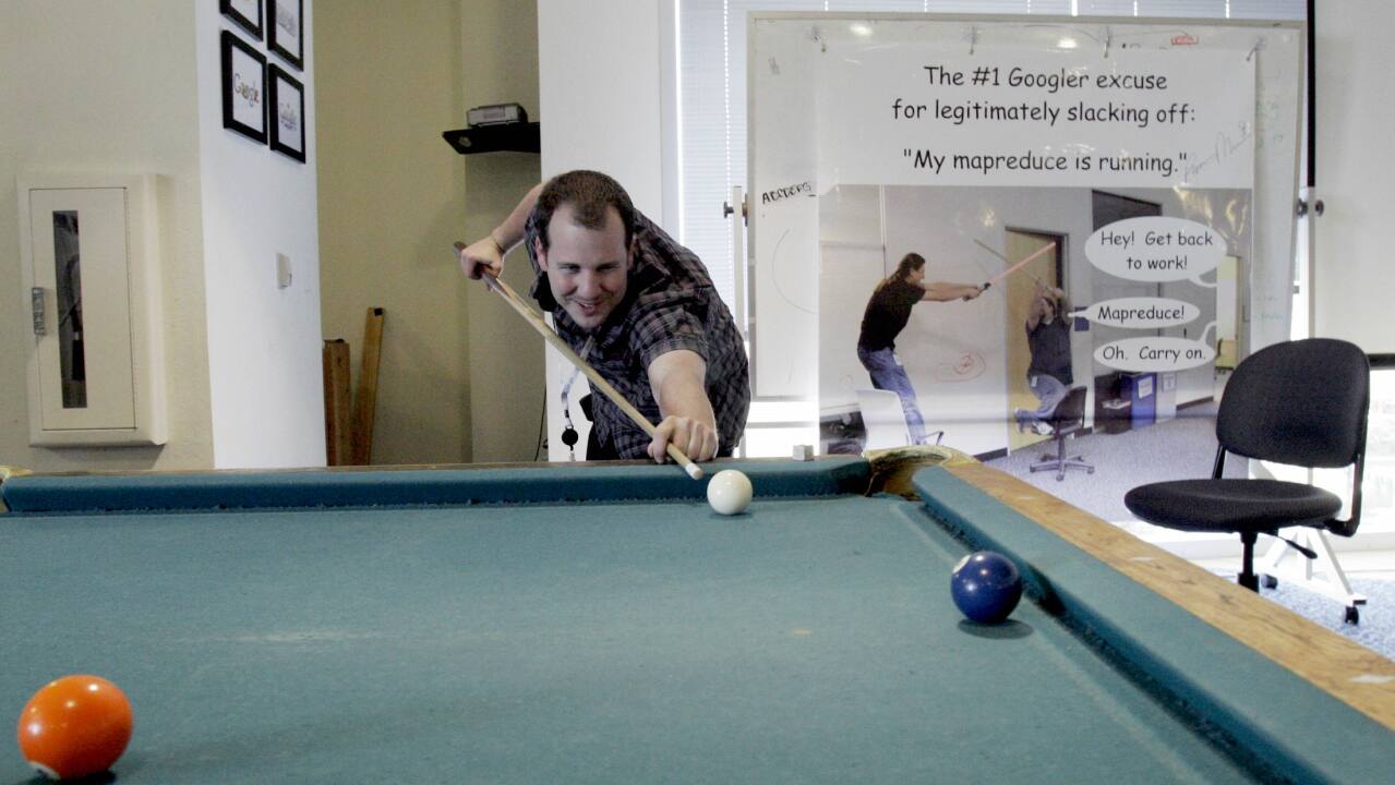 At the Google headquarters in Mountain View, CA, where an employee takes a break to play a game of pool. (Reuters) At the Google headquarters in Mountain View, CA, where an employee takes a break to play a game of pool. (Reuters)