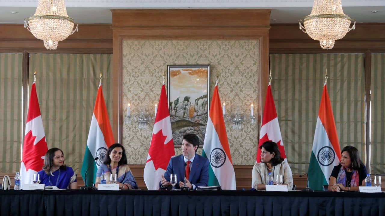Justin Trudeau speaks during women business leaders' roundtable in Mumbai on Tuesday. (Reuters)