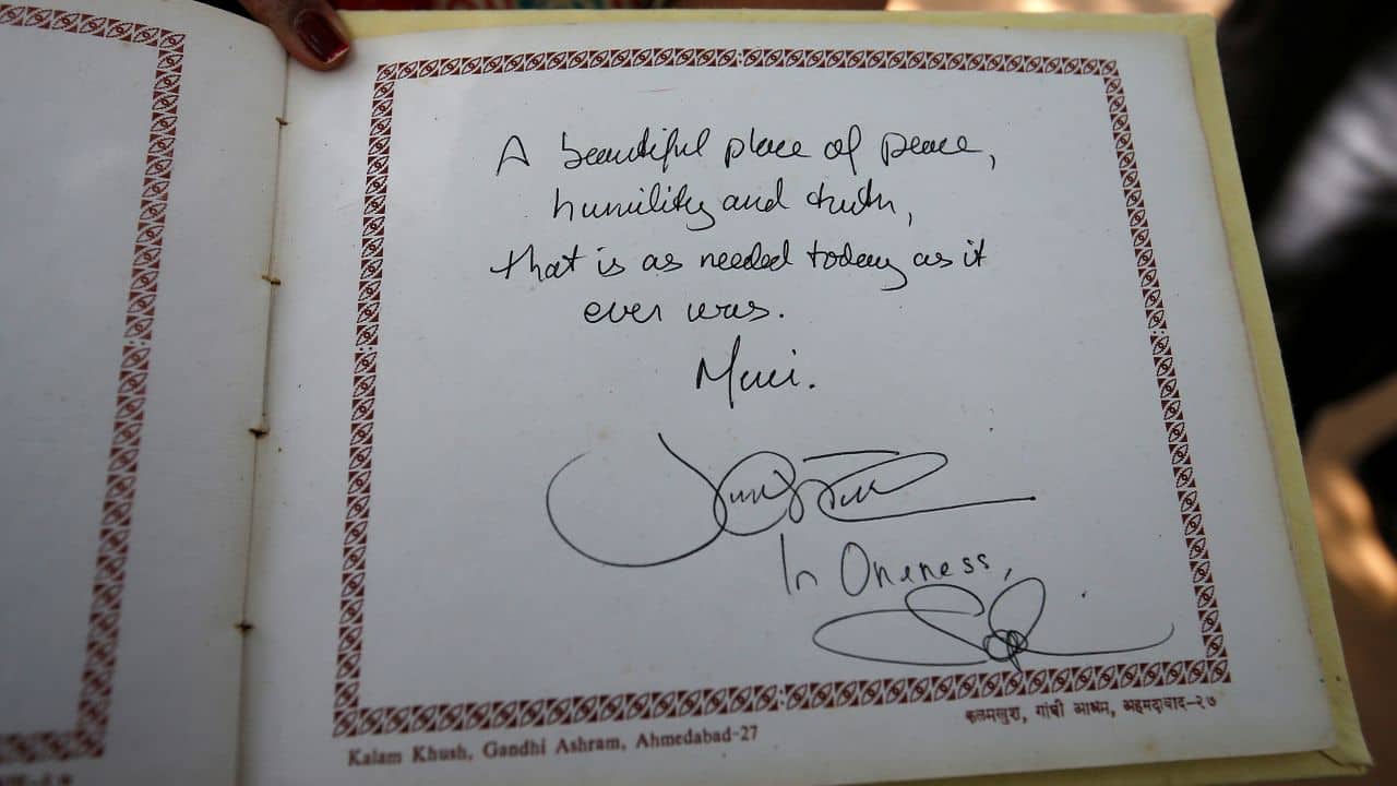 Message written by Justin Trudeau in the visitor's book during his visit to Gandhi Ashram in Ahmedabad on Monday. (Reuters)
