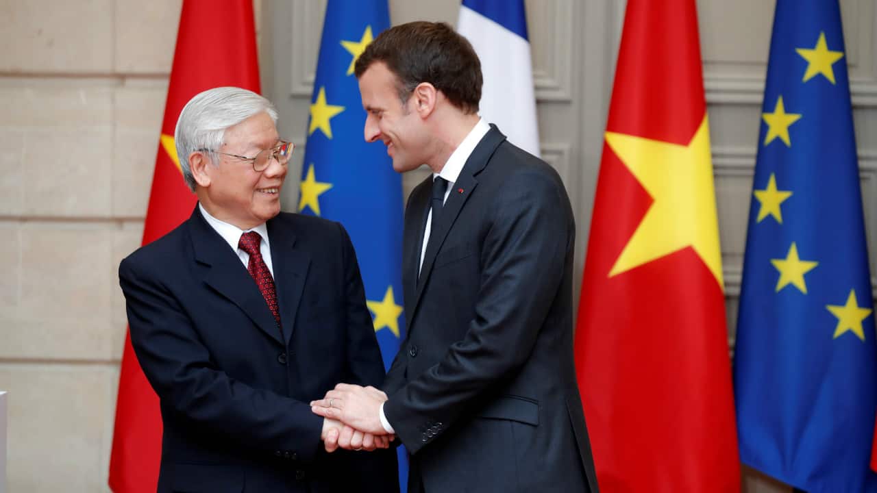 French President Emmanuel Macron (R) shakes hands with Nguyen Phu Trong (L) Secretary-General of the Communist Party of Vietnam, after a joint statement at the Elysee Palace in Paris, France. (Reuters) French President Emmanuel Macron (R) shakes hands with Nguyen Phu Trong (L) Secretary-General of the Communist Party of Vietnam, after a joint statement at the Elysee Palace in Paris, France. (Reuters)