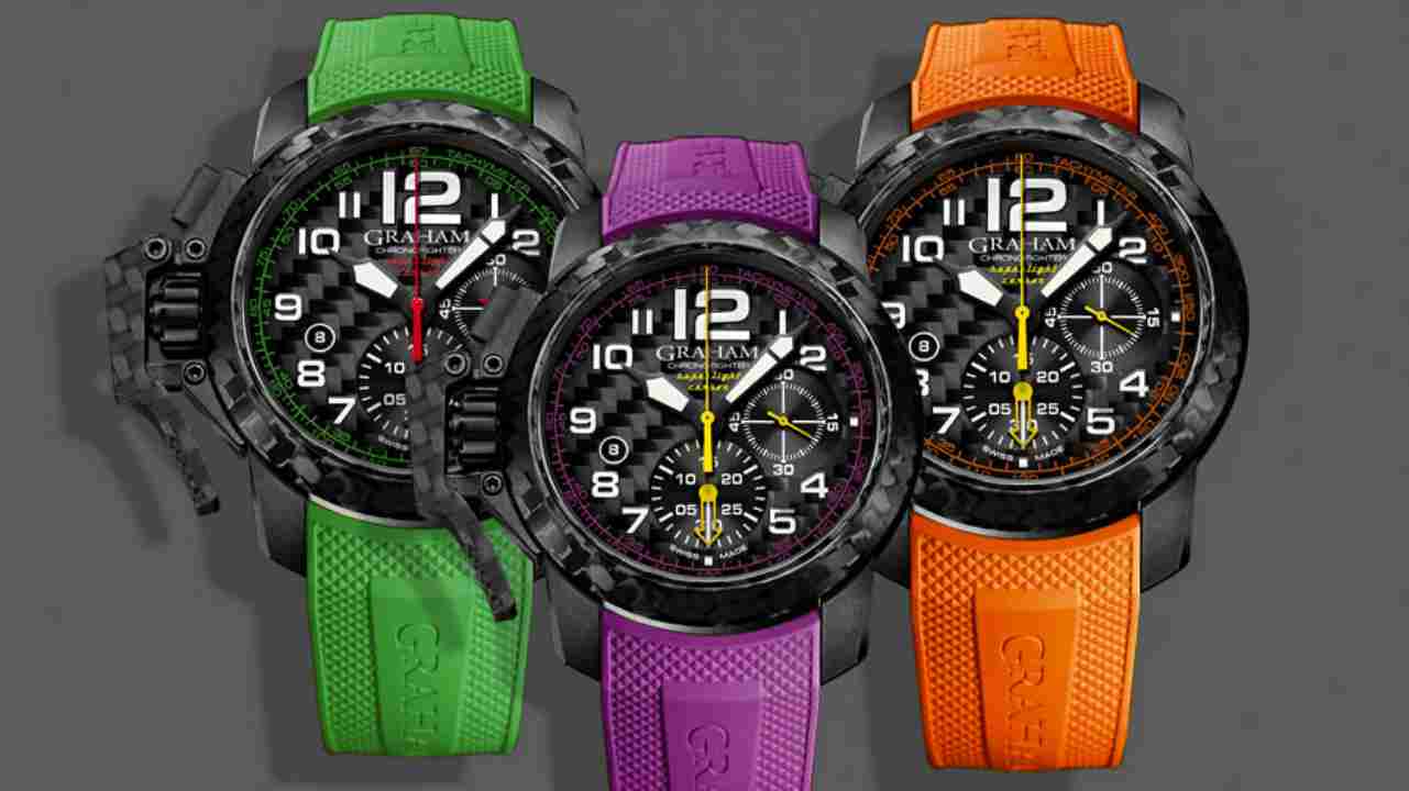 Graham Chronofighter Superlight Carbon | Rs 6,14,049 | Graham watchmakers unveiled this collection, inspired by vibrant colours of racing tyres seen in Formula One racing cars. (Image: www.ethoswatches.com) Graham Chronofighter Superlight Carbon | Rs 6,14,049 | Graham watchmakers unveiled this collection, inspired by vibrant colours of racing tyres seen in Formula One racing cars. (Image: www.ethoswatches.com)