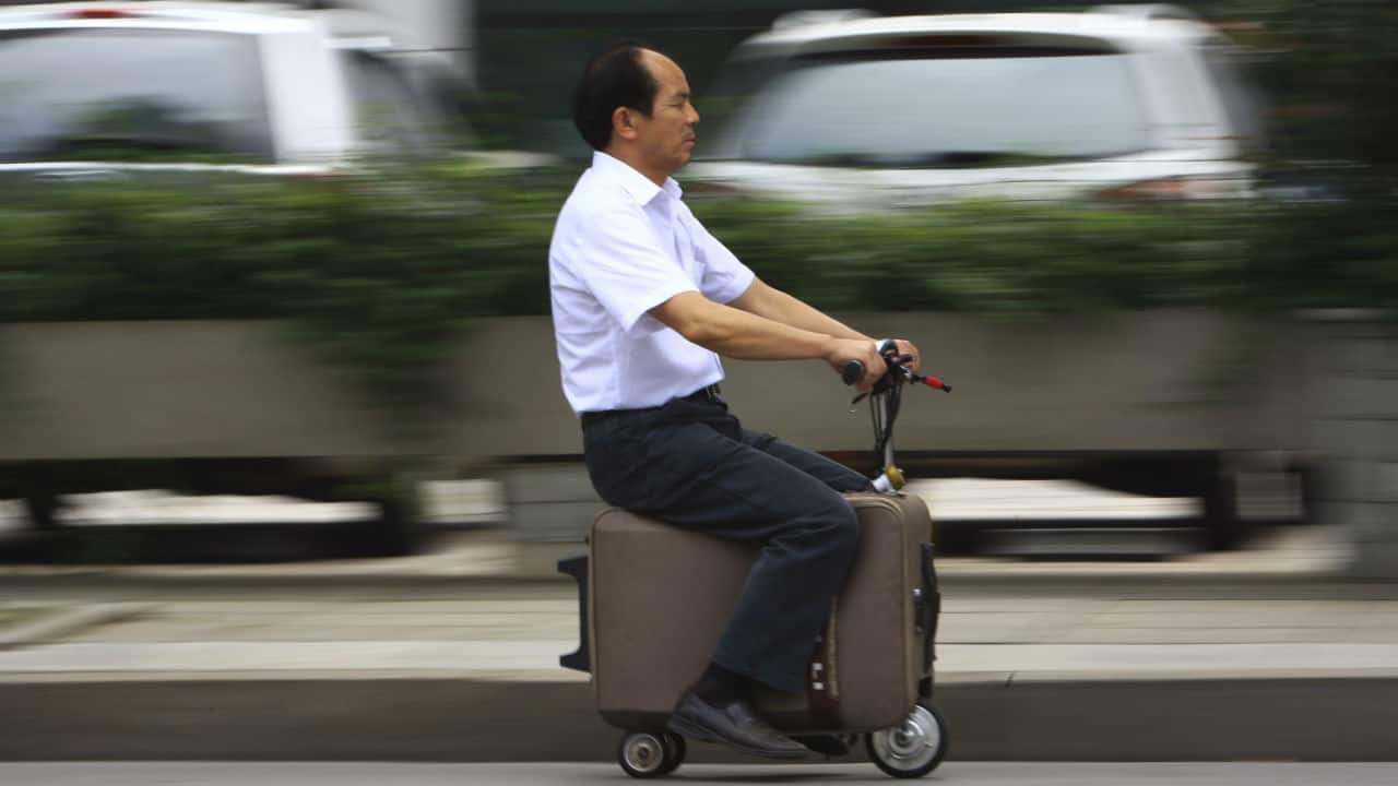 This home-made suitcase vehicle was made by its inventor He Liang. He spent 10 years modifying the suitcase into a motor-driven vehicle. The suitcase has a top speed of up to 20km/h and the power capacity to travel up to 50-60km after one charge, according to local media. (REUTERS)