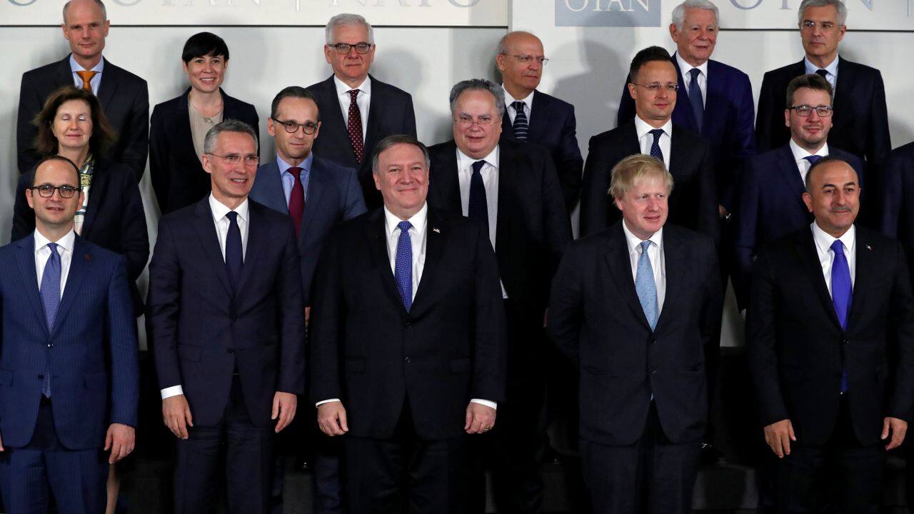 NATO Secretary General Jens Stoltenberg, US Secretary of State Mike Pompeo and Britain's Foreign Secretary Boris Johnson pose for a group photo at a NATO foreign ministers meeting at the Alliance's headquarters in Brussels, Belgium. (Reuters) NATO Secretary General Jens Stoltenberg, US Secretary of State Mike Pompeo and Britain's Foreign Secretary Boris Johnson pose for a group photo at a NATO foreign ministers meeting at the Alliance's headquarters in Brussels, Belgium. (Reuters)