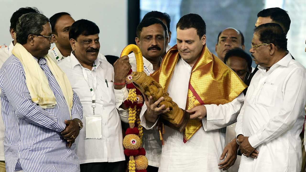 Congress President Rahul Gandhi at a public rally ahead of Karnataka Assembly elections in Bengaluru on 8th April 2018. (PTI Photo) Congress President Rahul Gandhi at a public rally ahead of Karnataka Assembly elections in Bengaluru on 8th April 2018. (PTI Photo)