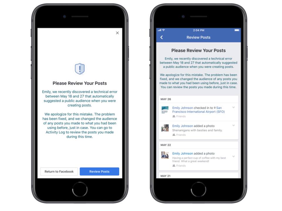 Facebook notifying users about the bug which may have caused their
