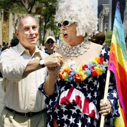New York Mayor Michael Bloomberg greets Gilbert Baker as they take part in the annual Gay Pride parade in New York City, June 30, 2002. (Image: Reuters)