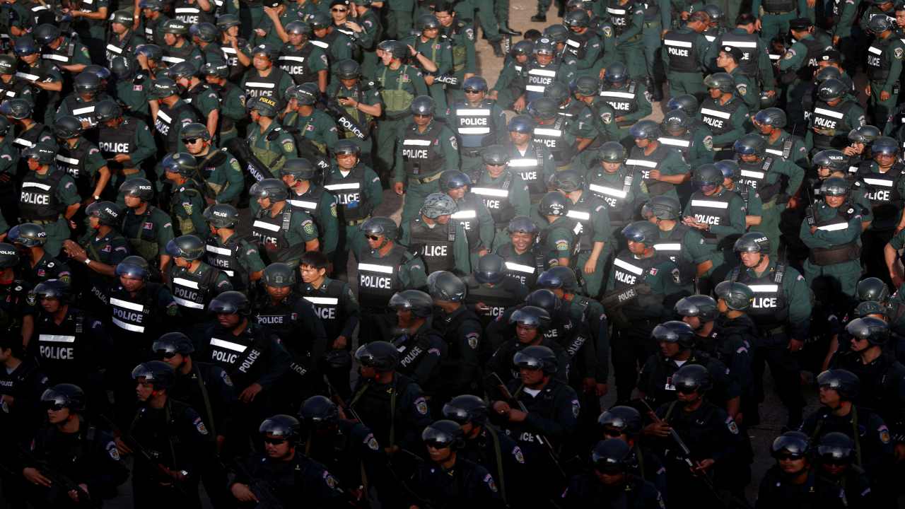 Cambodia's armed forces display anti-riot gear and assault rifles at the Olympic stadium ahead of a general election this weekend, in Phnom Penh, Cambodia. (Image: REUTERS)