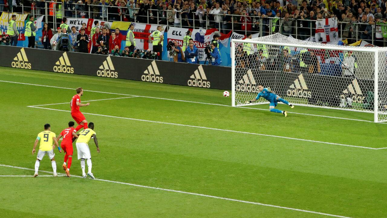 England's Harry Kane scores their first goal from a penalty. Kane also won the penalty for his team when Carlos Sanchez bundled him over in the area during a corner. (Image – Reuters) England's Harry Kane scores their first goal from a penalty. Kane also won the penalty for his team when Carlos Sanchez bundled him over in the area during a corner. (Image – Reuters)