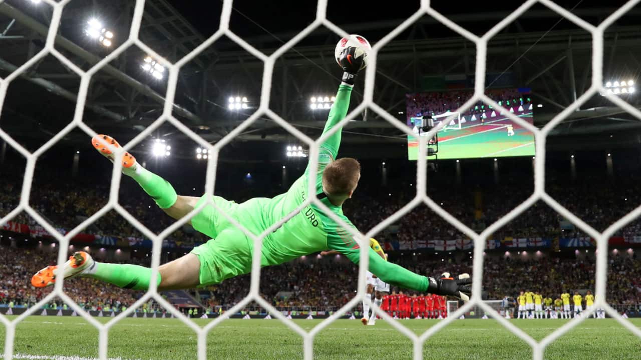 England's Jordan Pickford saves a penalty from Colombia's Carlos Bacca during the shootout. Bacca decided to go down the middle but Pickford who dived right extended his arm to make the save. (Image – Reuters) England's Jordan Pickford saves a penalty from Colombia's Carlos Bacca during the shootout. Bacca decided to go down the middle but Pickford who dived right extended his arm to make the save. (Image – Reuters)