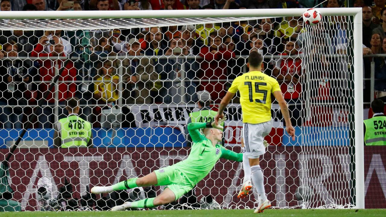 Colombia's Mateus Uribe misses a penalty during the shootout, his shot towards the top right corner hit the underside of the bar and bounced out. (Image – Reuters) Colombia's Mateus Uribe misses a penalty during the shootout, his shot towards the top right corner hit the underside of the bar and bounced out. (Image – Reuters)