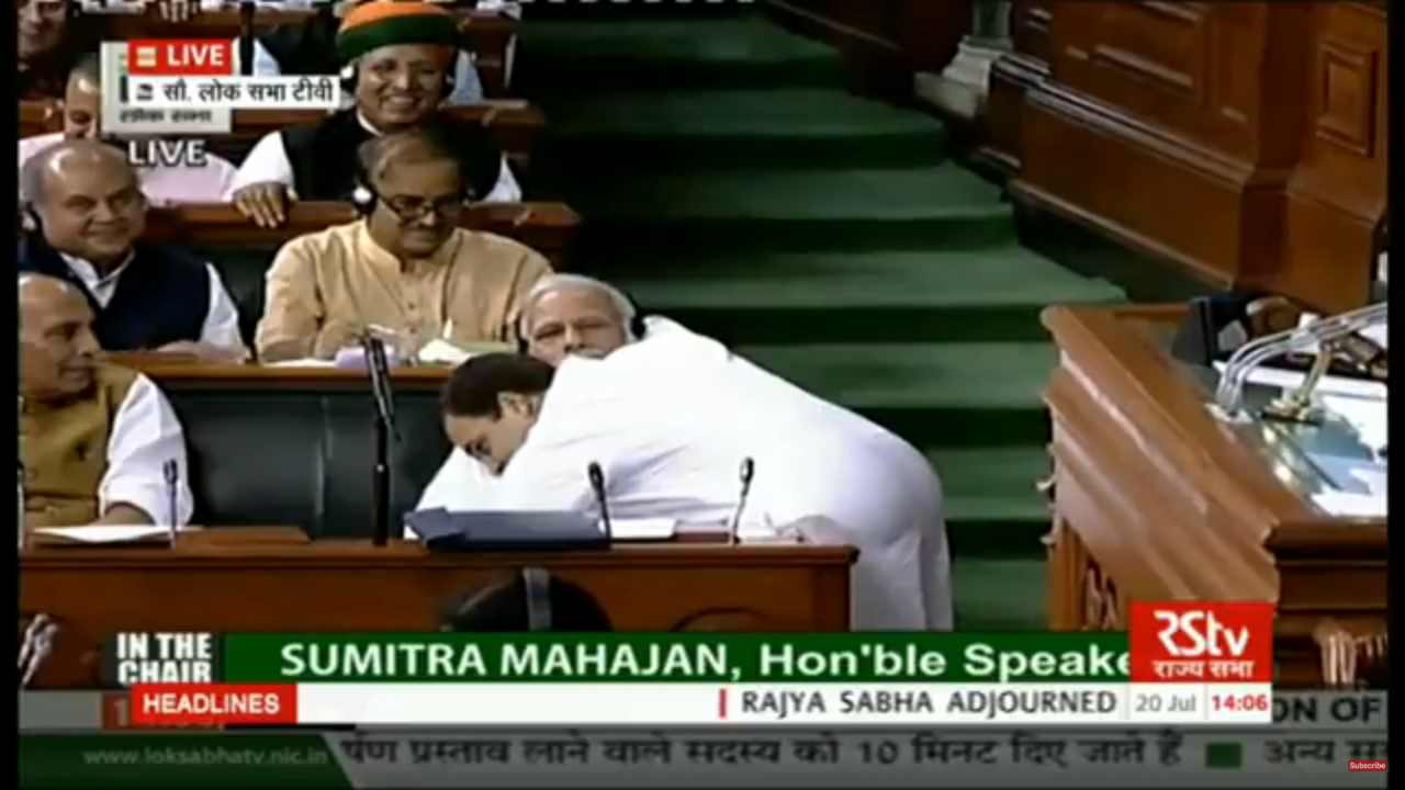 Rahul ki jhappi! Congress president concludes his speech by hugging PM Modi