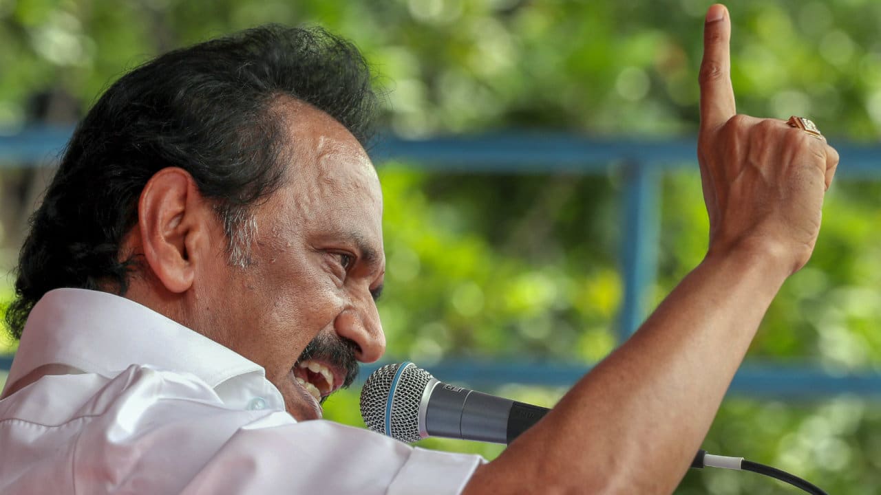 DMK President MK Stalin speaking at a public meeting. (Image: PTI)